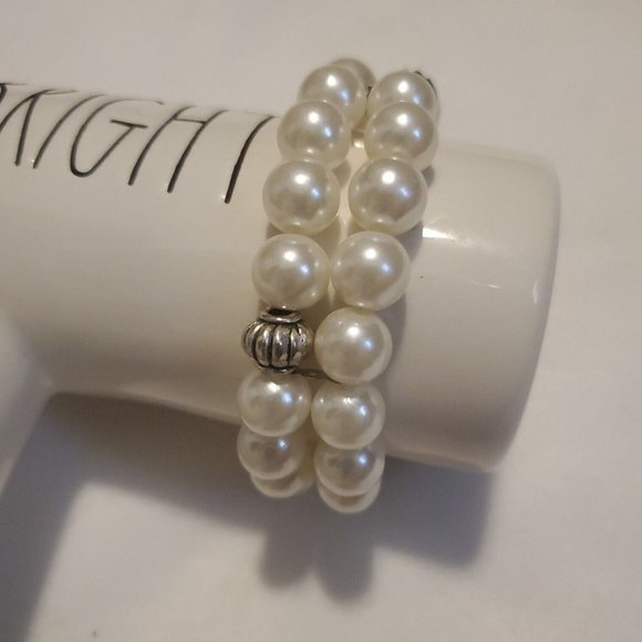 Womens White Pearl Anniversary Double Layered Adjustable Beaded Bracelet - Picture 1 of 7